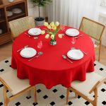 132'' Round Red Seamless Polyester Tablecloth - Image 5