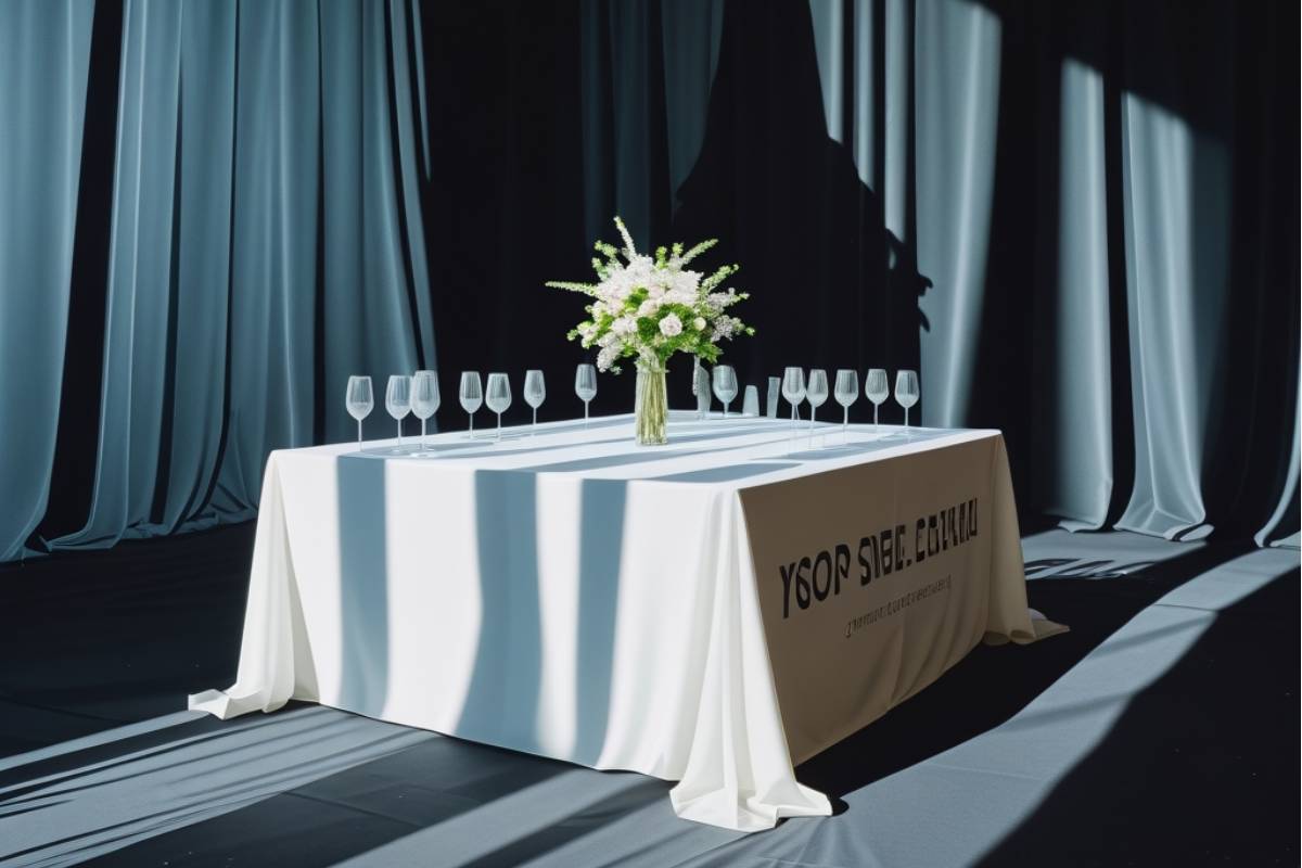 Premium custom-branded tablecloths for corporate events and exhibitions.