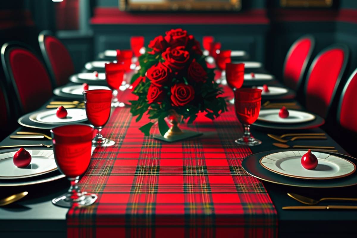 Festive table decor featuring a red tartan table runner for holiday events.