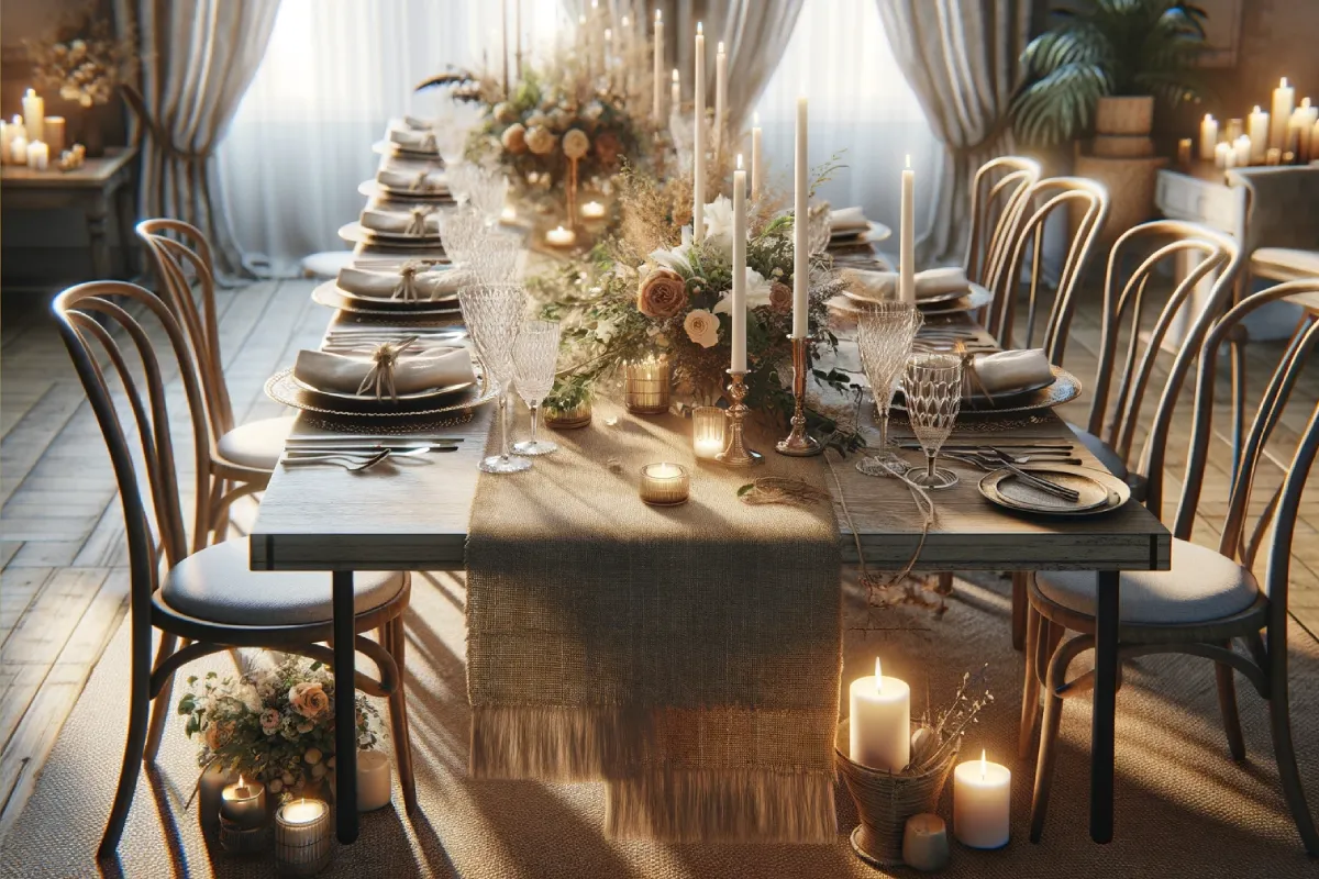 Rustic hessian table runner – ideal for vintage and country-style table decor.
