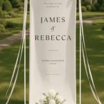 The Custom Printed Wedding Welcome Sign Banner is displayed outdoors on a stand with white ribbons, featuring “Welcome to the wedding of James & Rebecca, Cotswold Manor House, 18.05.24” and accented by a bouquet of white flowers at the base.