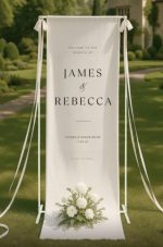 The Custom Printed Wedding Welcome Sign Banner is displayed outdoors on a stand with white ribbons, featuring “Welcome to the wedding of James & Rebecca, Cotswold Manor House, 18.05.24” and accented by a bouquet of white flowers at the base.