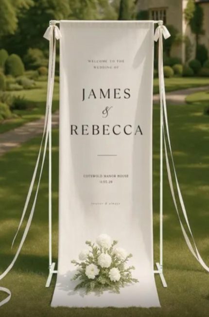 The Custom Printed Wedding Welcome Sign Banner is displayed outdoors on a stand with white ribbons, featuring “Welcome to the wedding of James & Rebecca, Cotswold Manor House, 18.05.24” and accented by a bouquet of white flowers at the base.