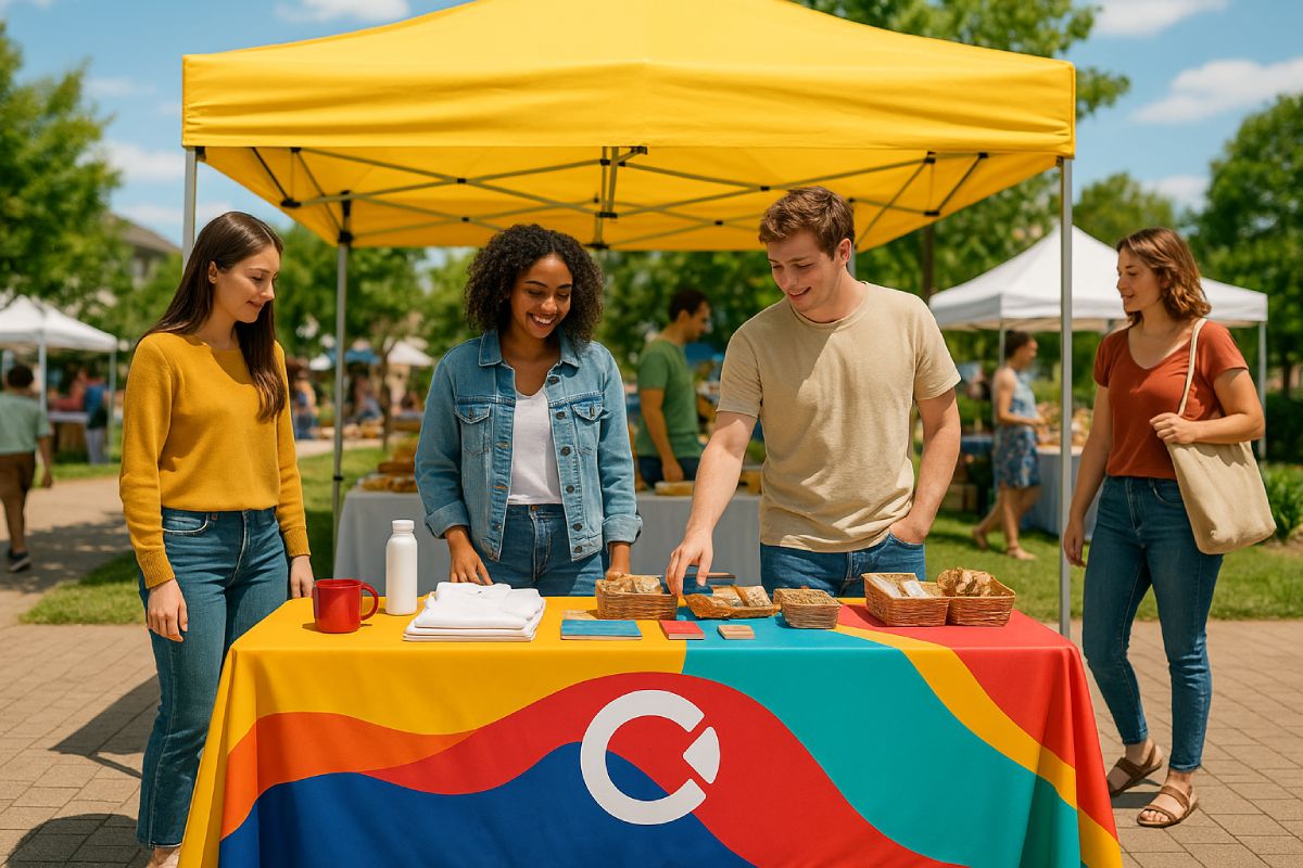 Three people stand at a colourful stall with custom table covers under a yellow canopy at an outdoor event, displaying leaflets and snacks. Other stalls and people are visible in the background on a sunny day.