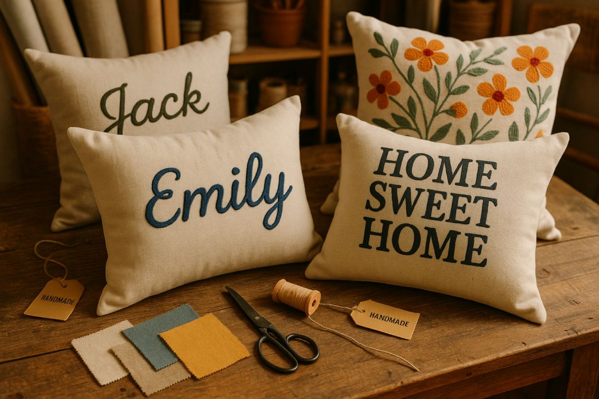 Four decorative handmade cushion covers rest on a wooden table; two are personalised with names Jack and Emily, one says HOME SWEET HOME, and one features orange flowers. Sewing items and fabric swatches add charm to these unique cushion cover gifts UK.